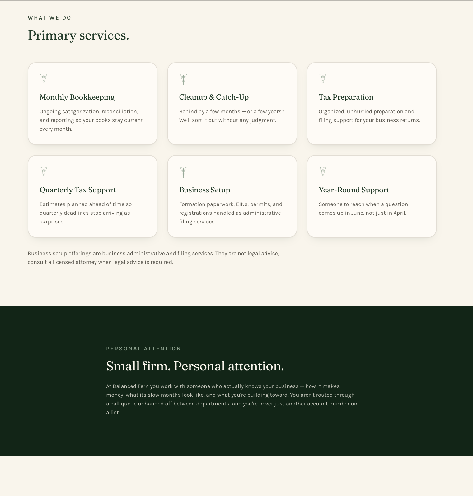 Balanced Fern consultation landing page, services section