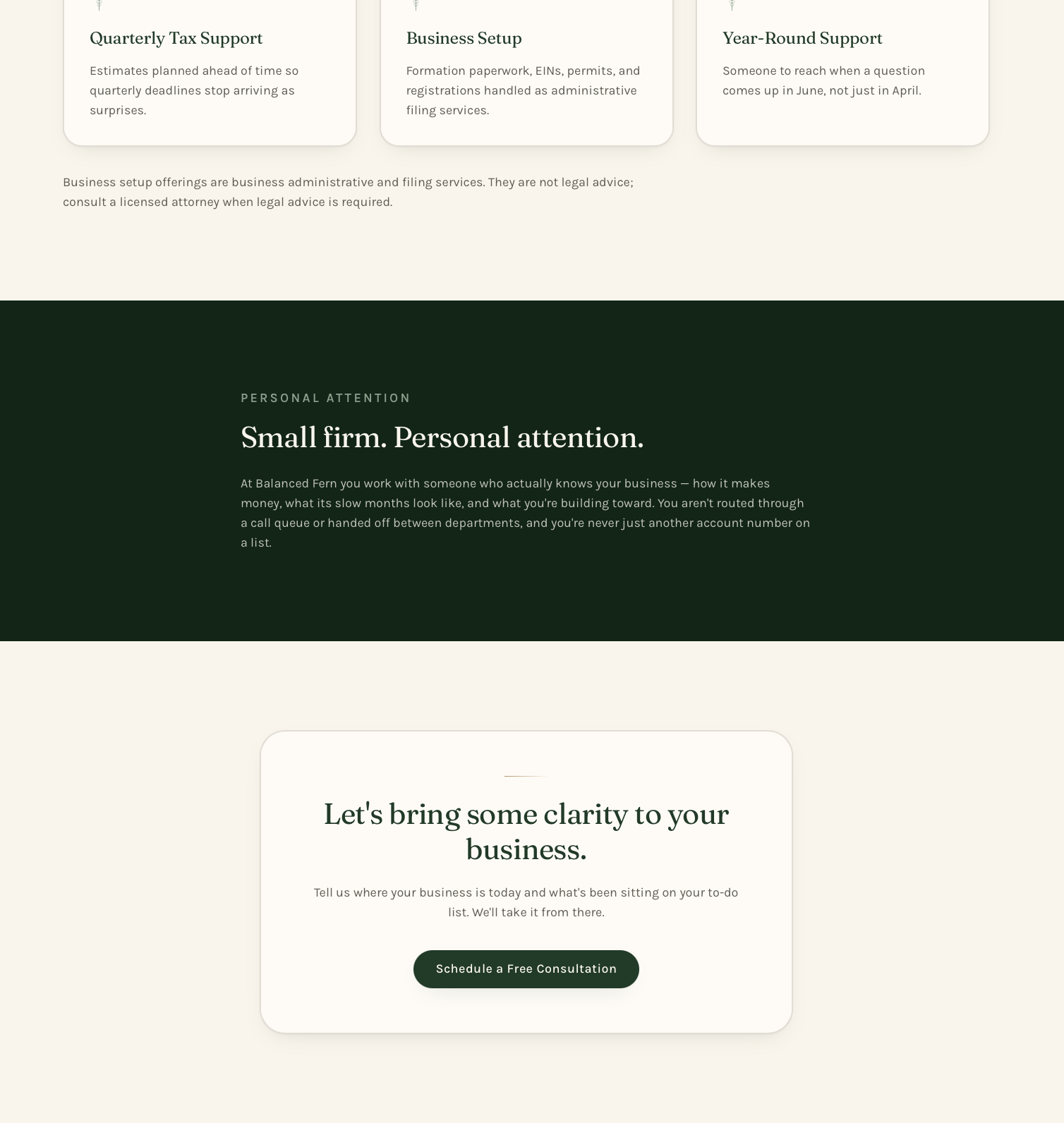 Balanced Fern consultation landing page, lower section